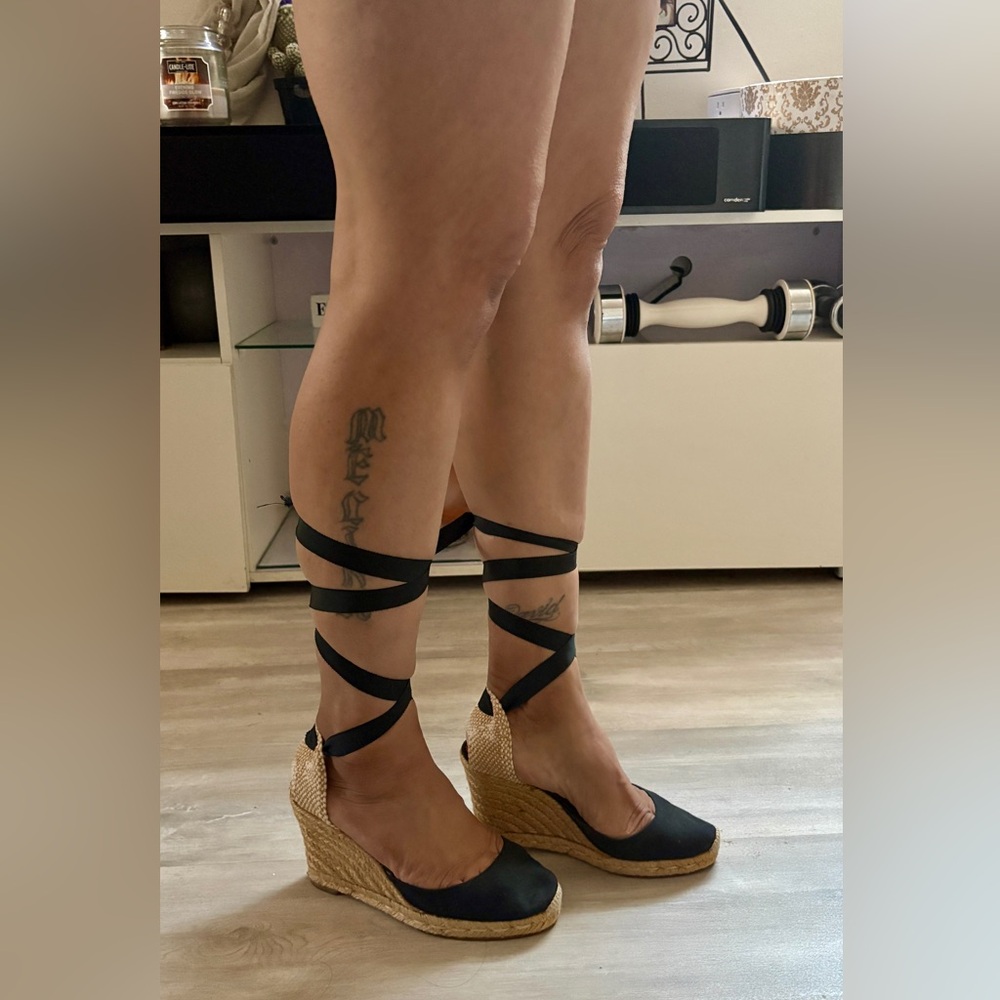 Wedge Espadrille Ankle Tie Sandals in Black and Natural